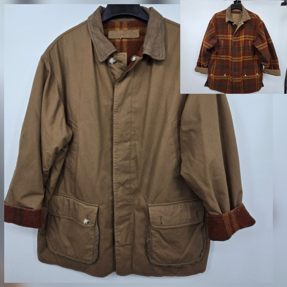 Vintage Reversible WILLIS & GEIGER Hunting Coat Jacket Men L Plaid Brown Outdoor